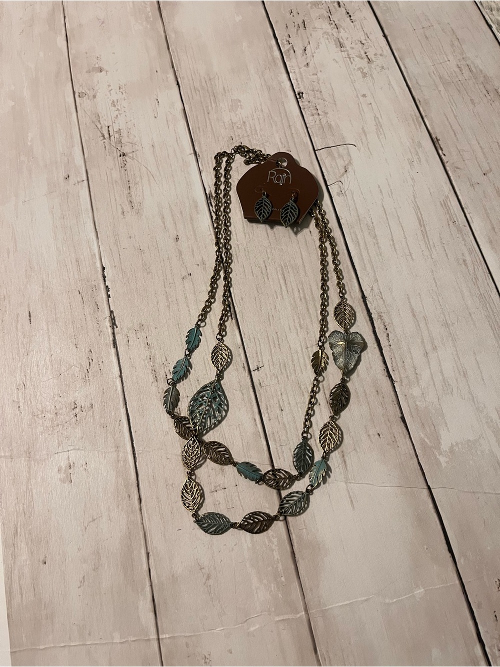 Rain Double Strand Leaf Necklace and earrings set in Gold and Teal